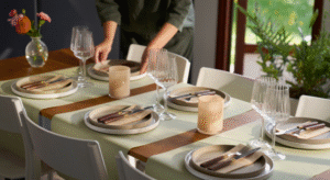 Tafelaankleding in restaurant in pistache en beige kleur